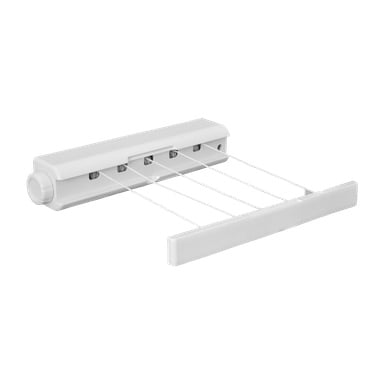 Linka do prania Menuett Retractable ma cztery równoległe linie rozciągające się od prostokątnej podstawy montowanej na ścianie do pasującej odłączanej belki. Podstawa zawiera boczny pokrętło, które pozwala użytkownikom łatwo regulować i chować linie.