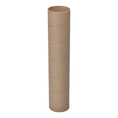Ett hårdt fogrör med en hög, cylindrisk form av kartong, med en slät brun utsida och subtila spiralskarvar. Både den övre och nedre änden av röret är öppna.