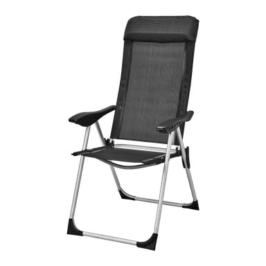 En svart og grå Kayoba campingstol med metallramme, stoffsete og ryggstøtte, inkludert nakkestøtte og armlener. Stolen er oppreist og sammenleggbar, designet for utendørs bruk.