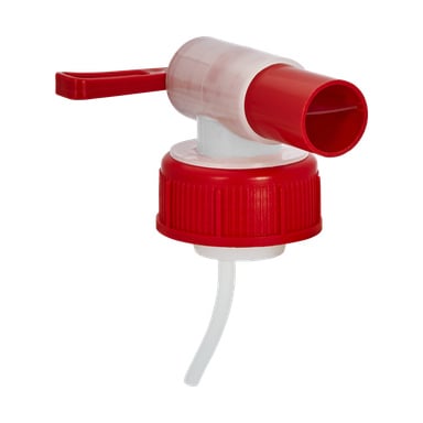 Gustafvsivers Tap: Ein Plastikhahn in Rot und Weiß mit aufschraubbarem Deckel und Hebelgriff, ideal zum Abgeben von Flüssigkeiten aus Behältern. Ein weißes Rohr erstreckt sich von der Basis für einen einfachen Flüssigkeitsfluss.