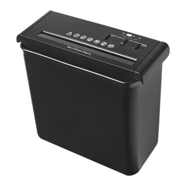 Svart EMW-dokumentförstörare med en kontrollknapp märkt FWD, AUTO, OFF och REV, med varningsikoner och texten Max. 5 ark (80gsm).