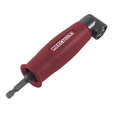 Et rødt Meec Tools skråhjul har en sekskantbit i den ene enden og et svart vinklet hode i den andre, noe som gjør det egnet for tilgang til trange områder.