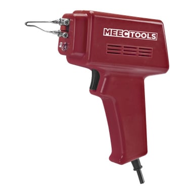 En röd Meec Tools lödpistol med metallspets, ventilationshål, avtryckarliknande handtag och en svart strömkabel.