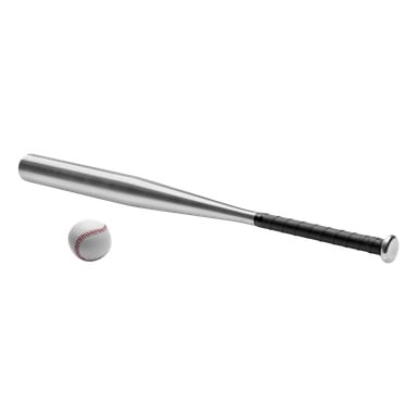 Ett Kayoba baseballträ och bollset visas, med ett silverfärgat aluminiumträ med ett svart handtag bredvid en vit baseboll med röd söm.