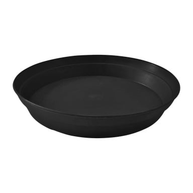 En svart, rund, grund plastkrukfat från Hard Head med släta sidor och platt botten.