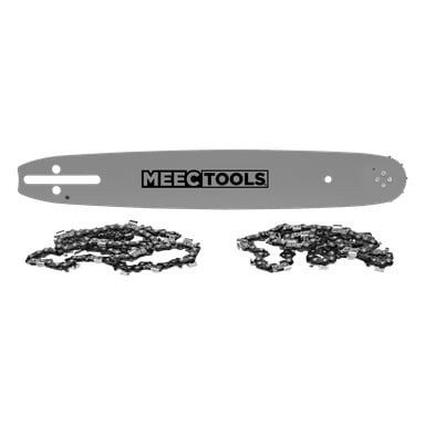 Et Meec Tools-sett med én metallsagstang og to individuelle motorsagkjeder vises, som danner et tredelt sett.