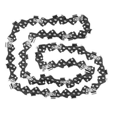 Zbliżenie łańcucha piły Meec Tools przedstawionego w luźnej spirali, podkreślając powtarzający się wzór ostrych metalowych zębów i ogniw łączących.