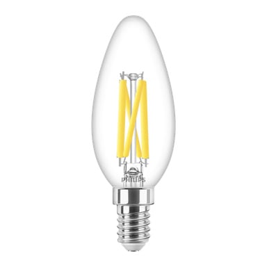 En Philips WarmGlow dimbar ljuskrona LED-lampa med vertikalt placerade gula glödtrådar inuti ett ljusformat, avsmalnande glashölje och en metallisk skruvbas.