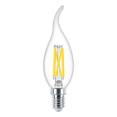 En Philips dimmbar ljuskrona LED-lampa WarmGlow med en transparent, flamformad form, synliga gula filament och en silverskruvbas.