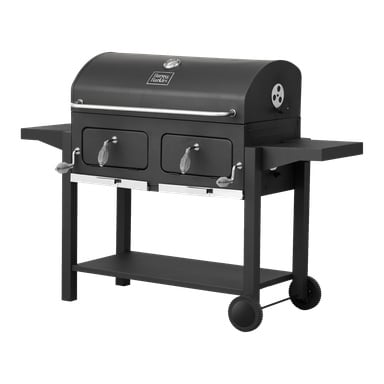 Burns & Barkles Coal King 8242 är en rektangulär svart kolgrill med två framdörrar utrustade med metallhandtag. Den har sidohyllor, en lägre förvaringshylla och är utrustad med två hjul för enklare rörelse. En ventil finns på locket för att förbättra luftflödeskontrollen.