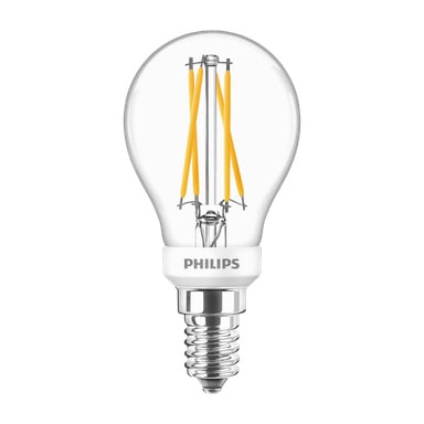 En Philips Dimmable Globe LED WarmGlow-lampa har synliga gula glödtrådar, en silverfärgad skruvbas och Philips-logotypen tryckt på det vita området nära basen.