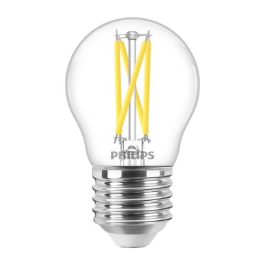 En Philips dimbar glob LED-lampa WarmGlow med ett transparent glasskal, gula glödtrådsremsor inuti och en silverskruvbas med Philips-loggan nära botten.