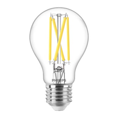 Przezroczysta żarówka Philips Dimmable LED WarmGlow prezentuje wyraźne żółte żarniki, srebrną podstawę ze śrubą oraz nazwę marki PHILIPS wydrukowaną u dołu.