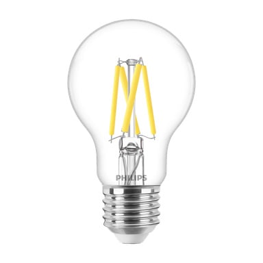 Philips Dimmable WarmGlow LED -lamppu, jossa on läpinäkyvä runko, hopeinen ruuvipohja ja neljä näkyvää keltaista filamenttia.