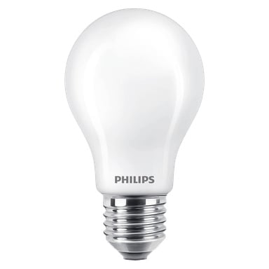 Philips Dimmable WarmGlow LED -lamppu, jossa on huurrettu valkoinen lasikansi ja hopeinen ruuvipohja.