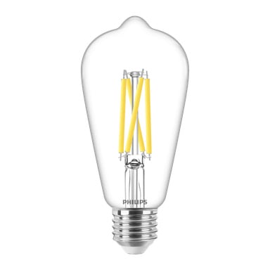 Żarówka LED Philips WarmGlow Edison z przezroczystym szkłem, odsłoniętym żarnikiem i srebrną podstawą ze śrubą. Dolna część żarówki przedstawia logo Philipsa.