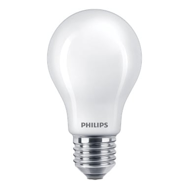 Philips Dimmable WarmGlow LED -lamppu, jossa on perinteinen pyöreä muotoilu, valkoinen huurrelasipinta ja vakio ruuvipohja.