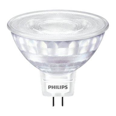 Żarówka Philips Dimmable bi-pin LED WarmGlow z przezroczystą, fakturowaną szklaną obudową i dwoma metalowymi pinami na dole, przeznaczona do oświetlenia punktowego lub akcentowego.