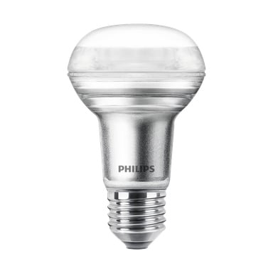 Żarówka Philips Reflector LED z matową kopułą i standardową podstawą śrubową jest pokazana stojąca pionowo.
