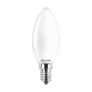 En vit, ljusformad Philips Dimmbar ljuskrona LED-lampa WarmGlow med metallisk skruvbas.