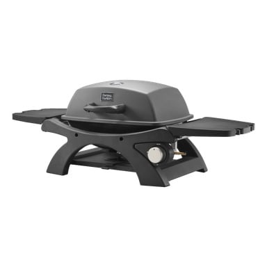 Przenośny grill gazowy Burns & Barkles Steely King 4735 ma smukłą czarną pokrywę z łatwym uchwytem, boczne półki dla dodatkowego miejsca na przygotowanie oraz pojedynczą gałkę sterującą. Grill stołowy stoi pewnie na solidnej, stabilnej podstawie.