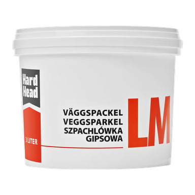 En 3-liters vit plastbehållare med Hard Head Wall Filler med framträdande röda "LM"-bokstäver och produktnamnet tryckt i flera versioner på framsidan.