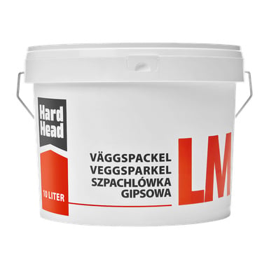 10-litrainen valkoinen muovinen ämpäri Hard Head Wall Filler -materiaalia, jossa on harmaa kahva, tarkoitettu seinien korjauksiin tai muottien levitykseen. Etiketissä on punaisia ja mustia design-elementtejä.