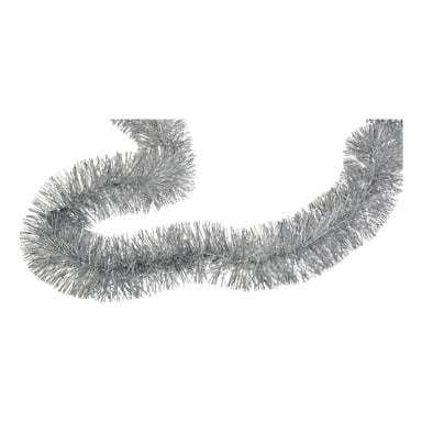 En närbild av EKVIP Tinsel, en silverkrans löst böjd. Den metalliska ytan ger glitteret ett glänsande, reflekterande utseende.