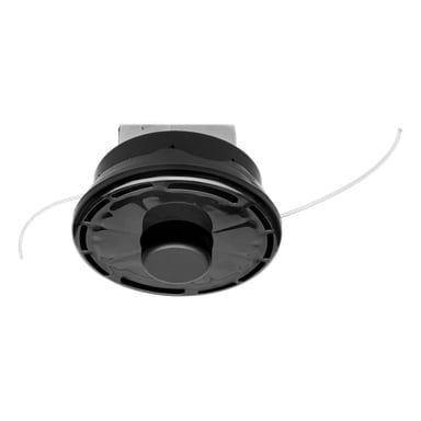 Detaljerad närbild av en Meec Tools trimmer-spole som visar dess svarta plastlock och inre spole med två skärlinor som sträcker sig utåt, designade för effektiv beskärning av gräs eller ogräs.