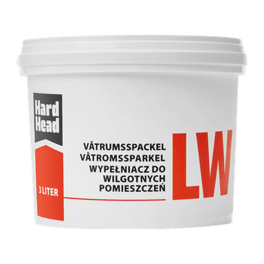Tiiviisti suljettu 3 litran valkoinen muovipakkaus, jossa on merkintä "Hard Head Wet room filler" ja joka sisältää erilaisia tuotetietoja, tarkoitettu käytettäväksi märkähuoneissa.