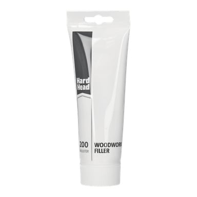 200 ml valkoinen Hard Head Woodwork Filler -putki pystyasennossa.