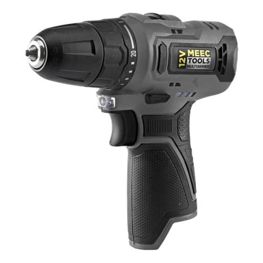 Meec Tools Multiseries 12 V kompaktskruvmejsel i svart och grått står upprätt, vinklad något åt höger. Den har ett texturerat grepphandtag och erbjuder justerbara vridmomentsinställningar.