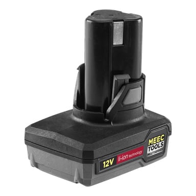 Ett svart Meec Tools Multiseries 12 V elverktygsbatteri med rektangulär bas och cylindrisk toppsektion visas.