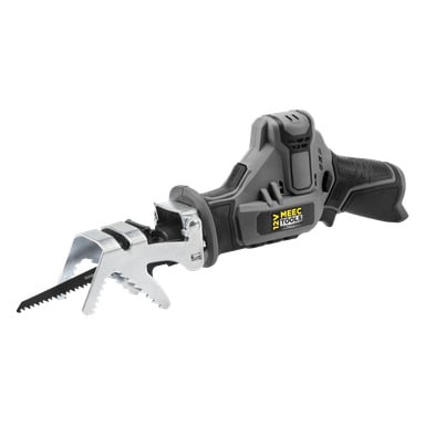 Kompakti, musta ja harmaa akkuvapaa mäntäsaha, jossa on ergonominen kahva, varustettu sahalaitaisella terällä ja otteen kärjessä. Se kuuluu Meec Tools Multiseries 12 V -mallistoon ja sen rungossa on keltainen MEEC Tools -logo.