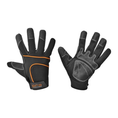 Bluewear Pro Workwear Assembly Gloves Premium visas i svart med orange detaljer och vita sömmar, en handske vänd mot handflatan uppåt och den andra med handflatan neråt, båda med en PRO WORKWEAR-etikett på handledsremmen.