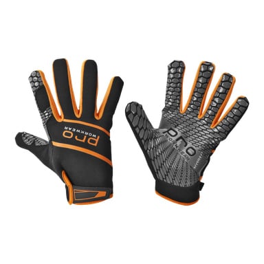 Svarta Bluewear Pro Workwear Assembly-handskar Premium, accentuerade med orange kant och grå texturerade grepp på handflatorna. Vänster handsken är placerad med handflatan uppåt; Höger visar baksidan. Båda handskarna har fingrarna isär, och "PRO Workwear" finns på dem.