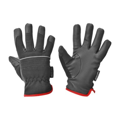 Ein Paar Bluewear Assembly-Handschuhe in Schwarz und Grau mit rotem Rand, Handfläche nach oben und Handfläche nach unten. Die Handschuhe haben strukturierte Handflächen, verstärkte Abschnitte und Stoffanhänger an den Handgelenken.