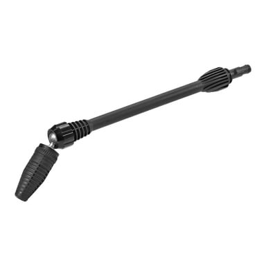 Ett Meec Tools svart högtryckstvätts-spraystöd med ett räfflat justerbart munstycke i ena änden och en koppling i motsatta änden.