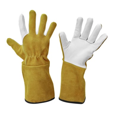 Bluewear Welding Gloves Classic ovat kestäviä työhanskoja, joissa on keltaruskea mokkanahkainen ulkopinta ja valkoinen nahka, joka peittää kämmenet ja sormet. Toinen hanska on ylöspäin ja toinen alaspäin.