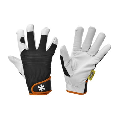 Två Bluewear Pro Workwear Assembly Gloves Premium är avbildade, med en handske som visar handflatan och den andra baksidan. Handskarna har mestadels en svart och vit färgschema, accentuerade med orange kant och en vit stjärnsymbol på handleden.