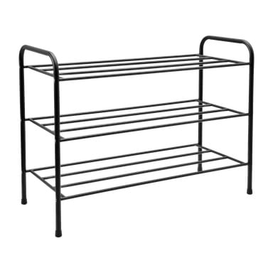 EKVIP Skoställ är en svart metallorganisatör med tre nivåer, var och en stödd av horisontella stänger. Den har böjda handtag på båda sidor, vilket erbjuder en praktisk och ordnad förvaringslösning.