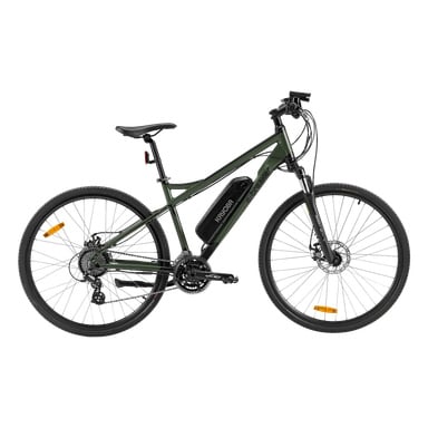 Kayoba Electric bike e-Breaker 2.0 är en grön hybrid elcykel med ett batteri integrerat i ramen, utrustad med framfjädring, skivbromsar och reflekterande ekrar på båda hjulen.
