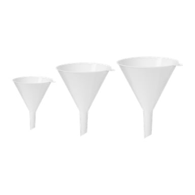 Menuett Funnels 3-paketti sisältää kolme valkoista muovista suppiloa eri kokoisina, aseteltuna vierekkäin. Jokaisessa suppilossa on leveä aukko, kapea nokka ja pieni läppä reunassa.