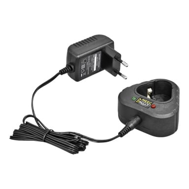 Ein Meec Tools Multiseries 12 V Ladegerät mit Indikatorleuchten ist per Kabel an ein schwarzes Netzteil angeschlossen.