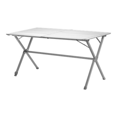 Ett Kayoba campingbord med en vit rektangulär yta med spjälm och silverfärgade metallben, utfällt i en lätt vinkel.