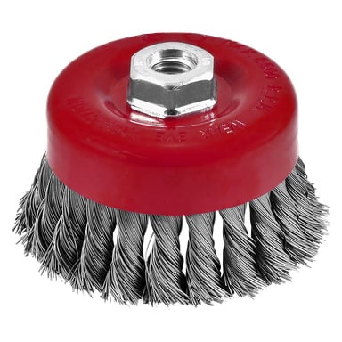 En detaljerad vy av Meec Tools Axial-borste visar dess vridna stålborst, ett livfullt rött lock och en central hexagonal metallmutter designad för att kopplas till ett elverktyg.