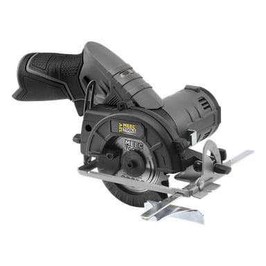 En svart Meec Tools Multiseries 12 V kompakt cirkelsåg med ergonomiskt handtag, bladskydd och justerbar styrskena.