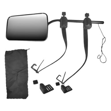 Hamron Caravan Towing Mirror-setet har två rektangulära speglar med justerbara remmar, tillsammans med två små svarta fästen, två fästen i clip-liknande format och en svart förvaringsficka. Alla föremål är prydligt arrangerade tillsammans.
