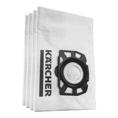 Vier Kärcher-Fleece-Filterbeutel für schwere Staubsauger sind gestapelt mit einer leichten Überlappung dargestellt. Jede Tüte hat einen schwarzen Kunststoffanschluss und das auffällige Kärcher-Logo darauf. Das Rucksack enthält vier ungenutzte Taschen.