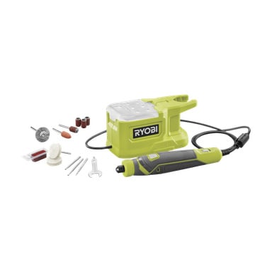 Pokazano zielono-czarną Ryobi One+ Multi-tool Mini RRT18-0 wraz z podstawą zasilania, wieloma wiertłami, akcesoriami szlifierskimi, szlifierkami, tarczami polerującymi filc, kluczem kluczem i kablem zasilającym.
